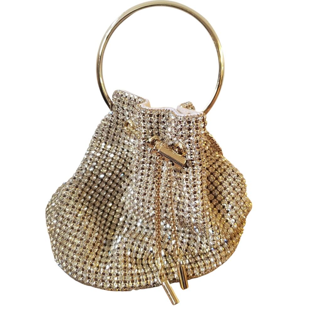 Madison West Crystal Mesh Mini Bucket Bag Drawstring Use Handle Or Chain Strap